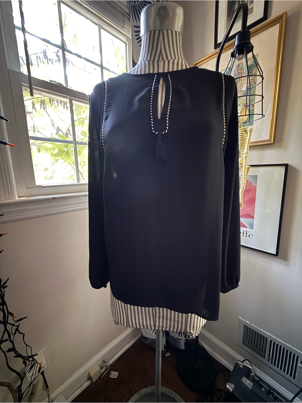 J. Crew Black Long-Sleeve Keyhole Blouse with Tassel